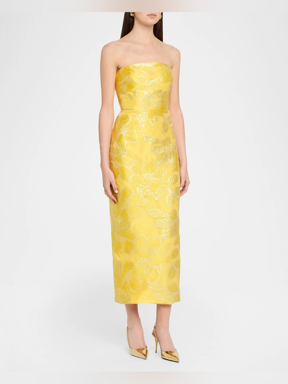 As It May Diana Elegant Strapless Yellow Floral Jacquard Midi Dress